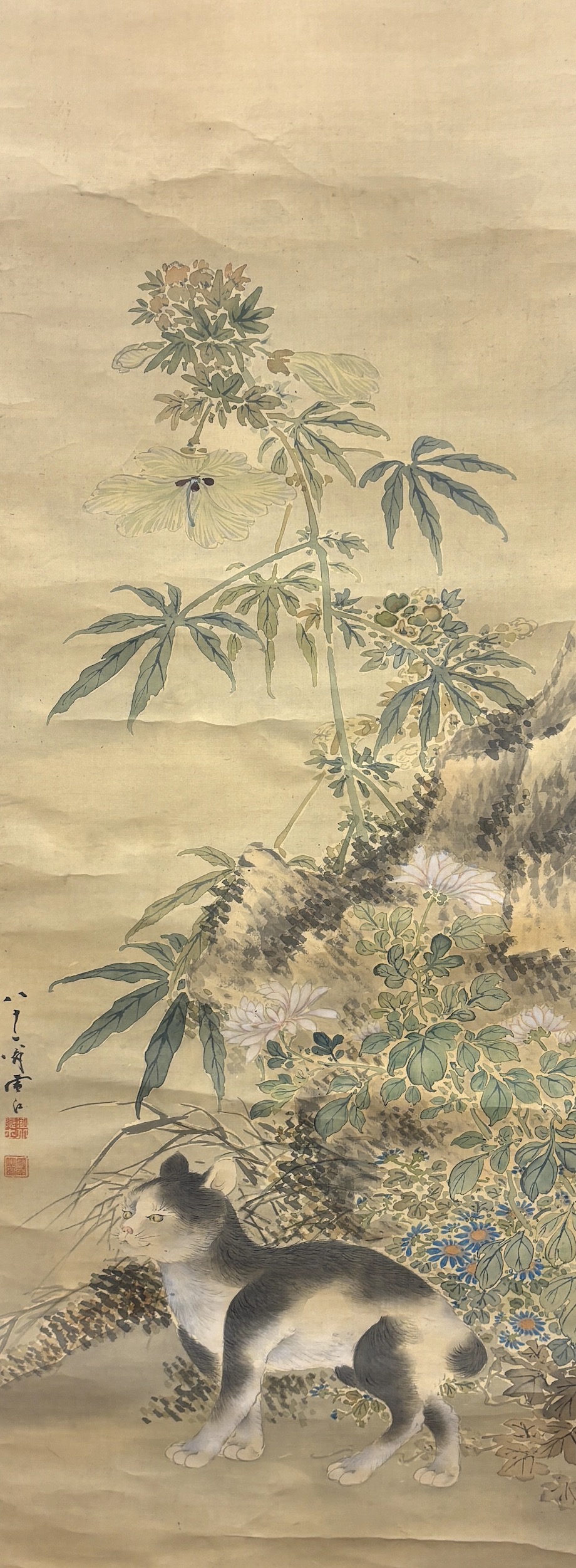 Sekko Matsudaira, Japanese watercolour scroll, domestic animal amongst flowers, housed in a wooden case